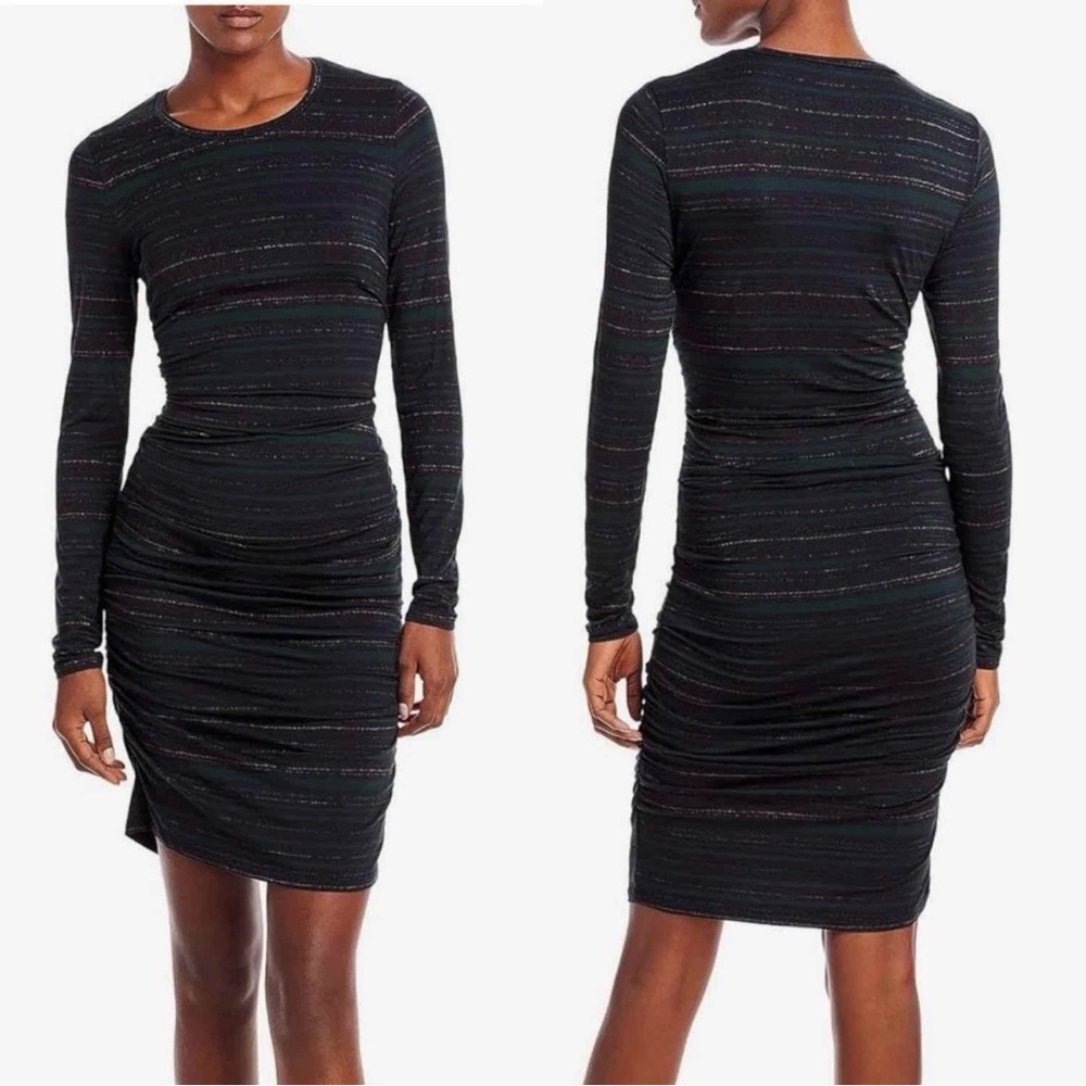 Veronica Beard Jeans Women's Daphne Ruched Striped Dress Black Green Largeā